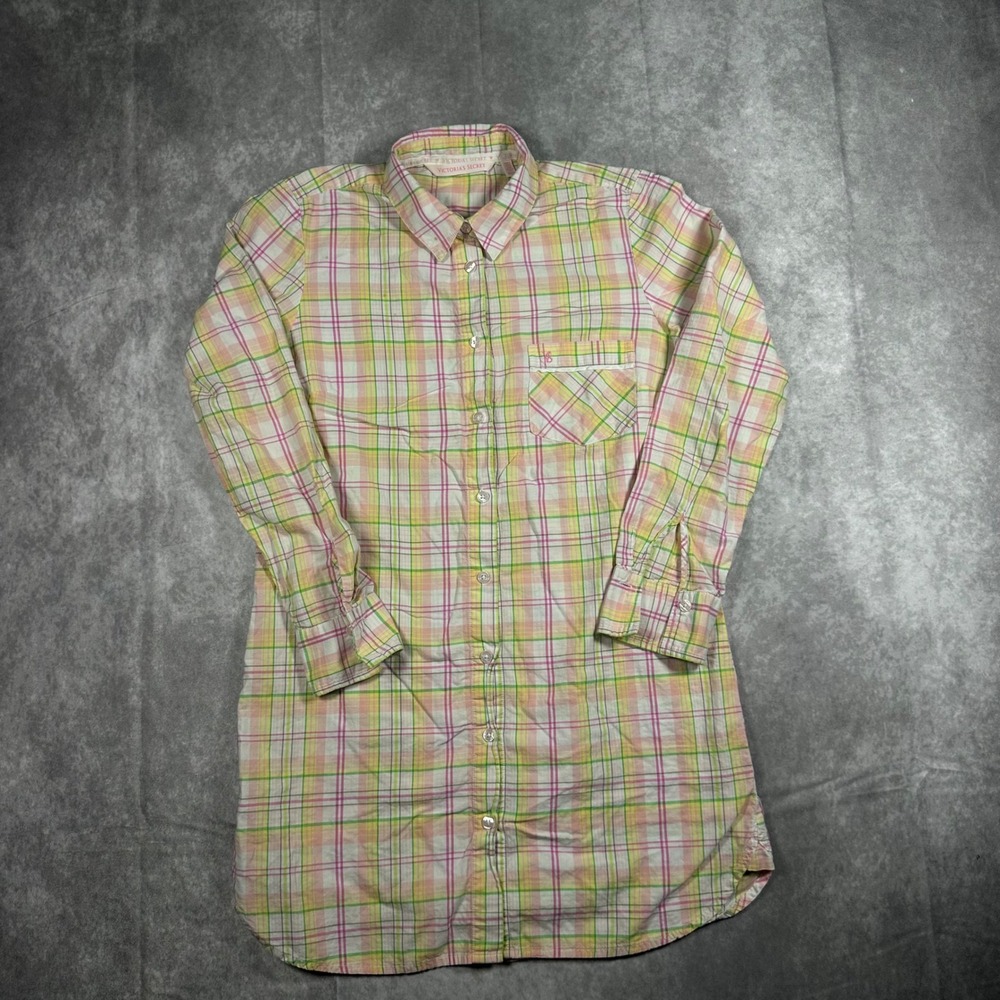 Victorias Secret Plaid Sleep Shirt Womens XS Pink Green Long Sleeve Button Down